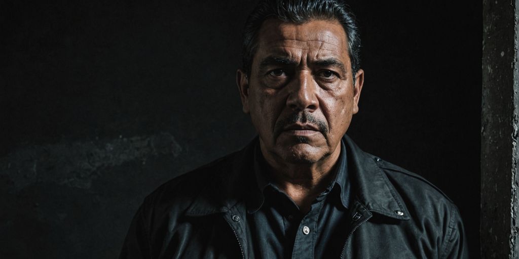 Retrato de Nemesio 'El Mencho' Oseguera com fundo escuro