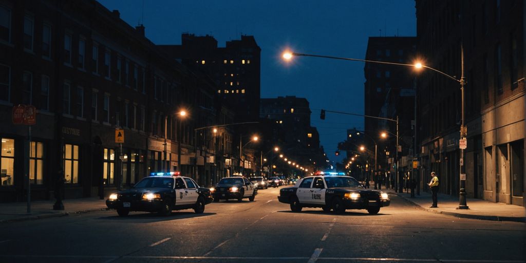 Paisaje urbano al anochecer con figuras sombrías y un coche de policía.