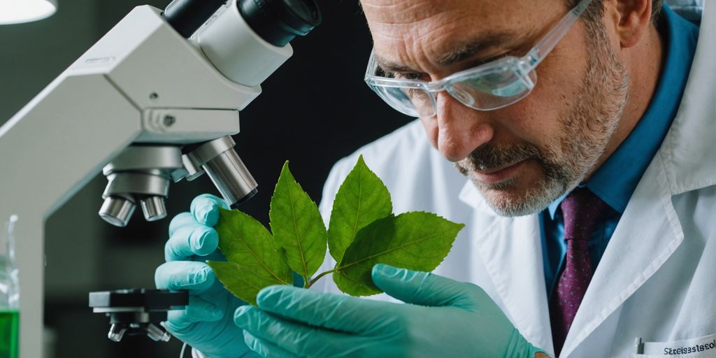 Cientista examinando folha de coca sob o microscópio