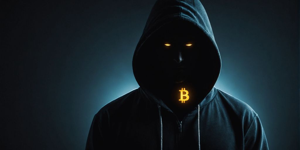 Фигура в капюшоне с сияющим символом Биткойн